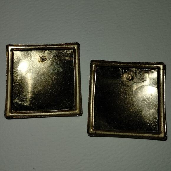 Vintage Gold Tone Green Blue Swirl Enamel Square Pierced Earrings - Picture 3 of 5